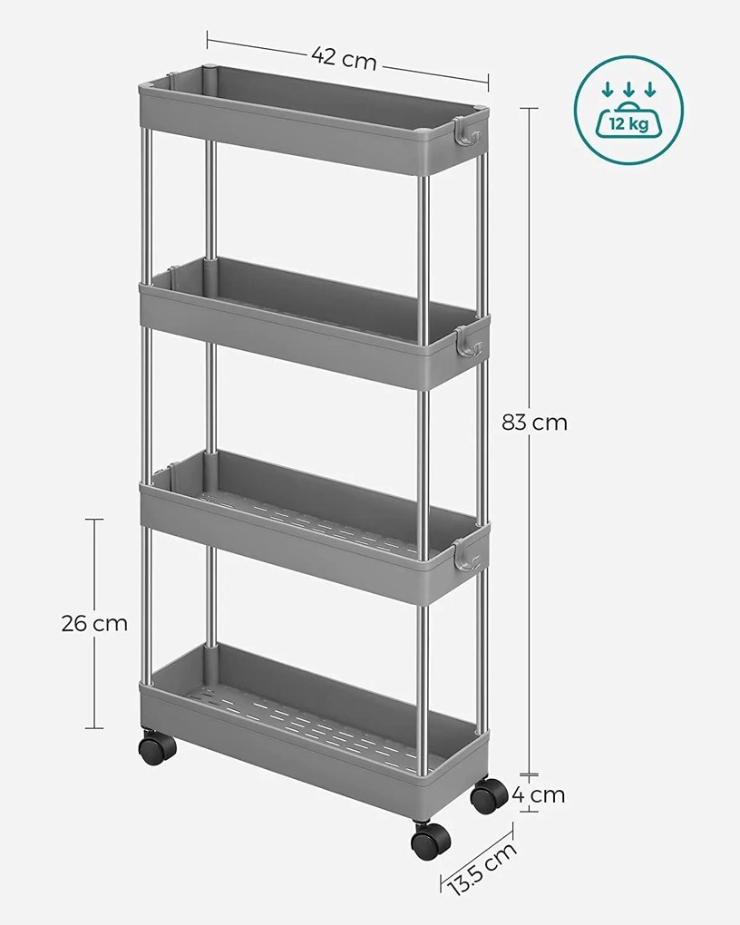 4-úrovňový úzky úložný vozík, regál na kolieskach, sivý