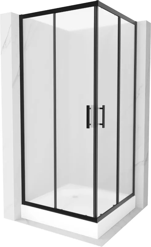 Mexen Rio, štvorcový sprchovací kút s posuvnými dverami 90(dvere) x 90(dvere) x 190 cm, 6mm sklo námraza, čierny profil + biela sprchová vanička RIO, 860-090-090-70-30-4510