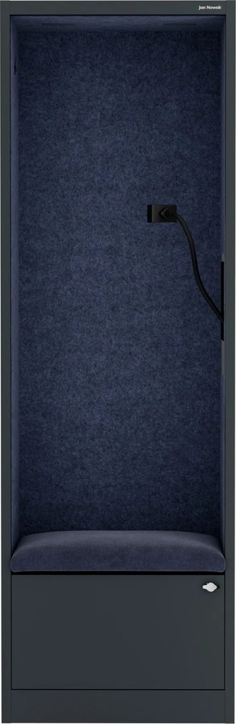 Kancelárska akustická kabína so sedadlom a portom USB-C, telo v antracitovej farbe / sedadlo v tmavomodrá farbe, 600 mm: SALLY MentalBox
