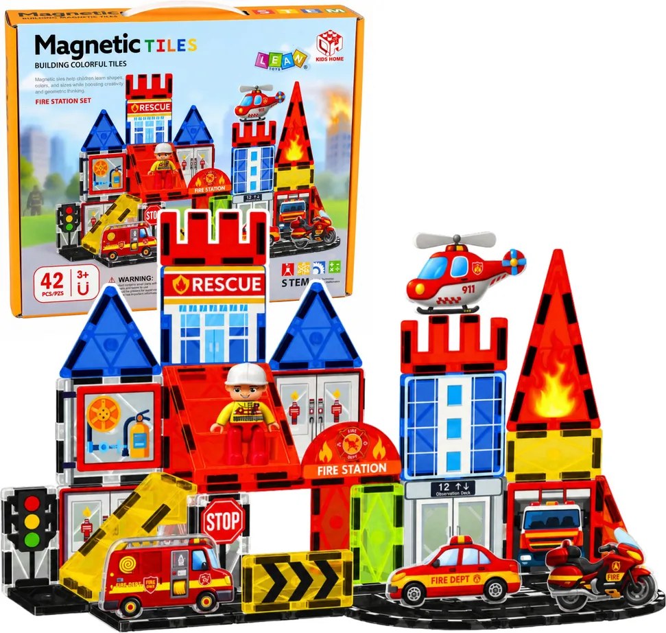 LEAN Toys Magnetické stavebné kocky – Požiarna stanica, 42 dielov