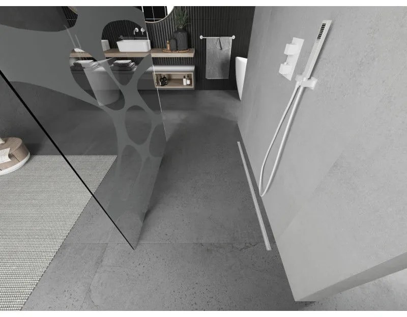 Mexen Kioto, priechodná sprchová zástena 110 x 200 cm, 8mm sklo číre/biely vzor, 2x biela stabilizačná rozpera, 800-110-002-20-97