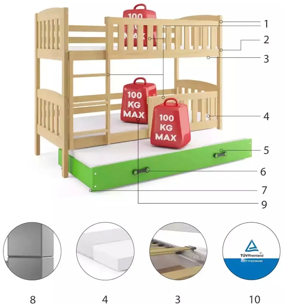 Poschodová posteľ s prístelkou KUBO 3 200x90 borovica - zelená