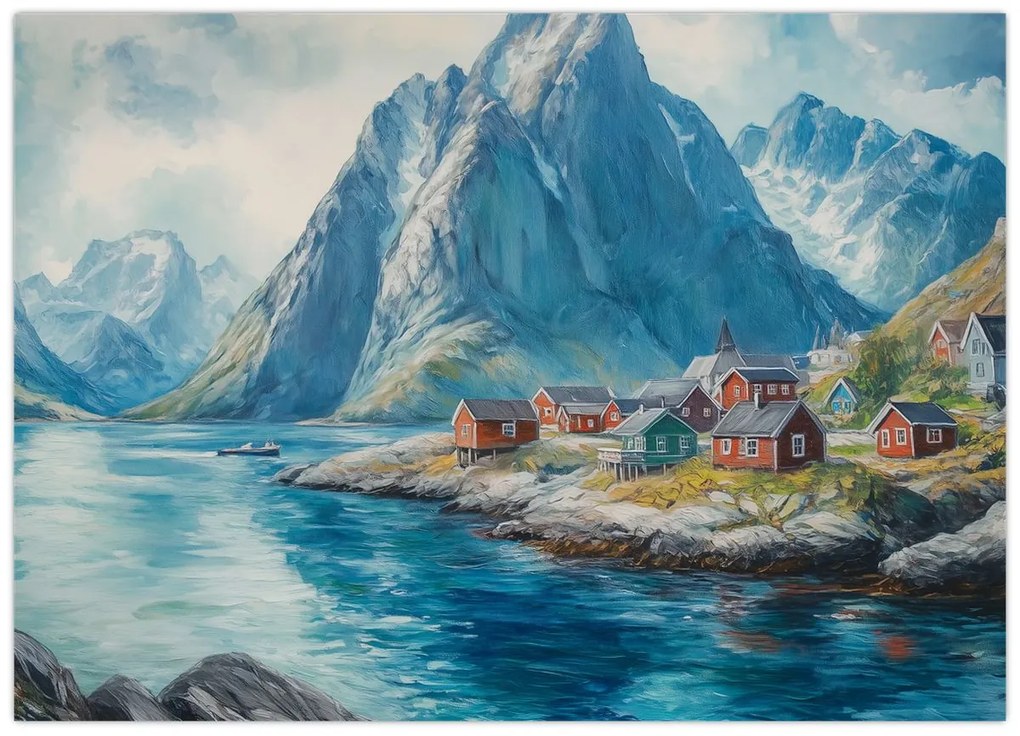 Sklenený obraz - Nórska dedinka (70x50 cm)
