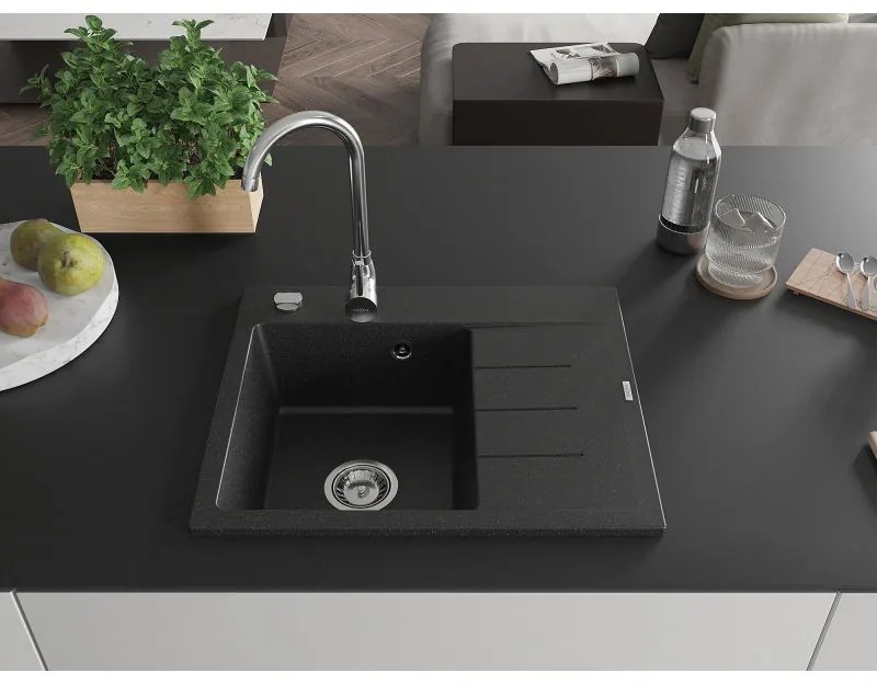 Mexen Ben, 1-komorový granitový drez 600x500x190 mm, ľavý+ chrómový sifón, čierna-strieborná metalíza, 6522605000-73