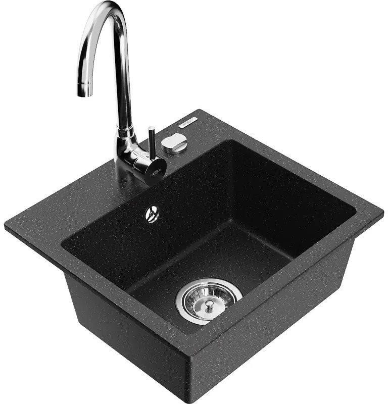 Mexen Milo, 1-komorový granitový drez 43,5x41 cm a kuchynská batéria Telma, čierna-strieborná, 6505-73-670200-00