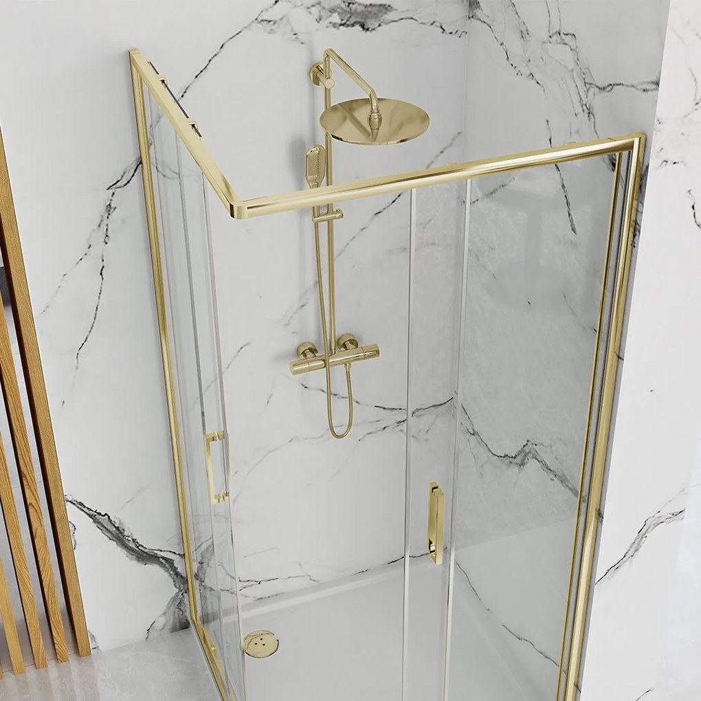 Rea Punto, sprchový kút s posuvnými dverami 80(dvere) x 80(dvere) x 190 cm, 5mm číre sklo, zlatý lesklý profil + biela sprchová vanička Savoy, KPL-K6441