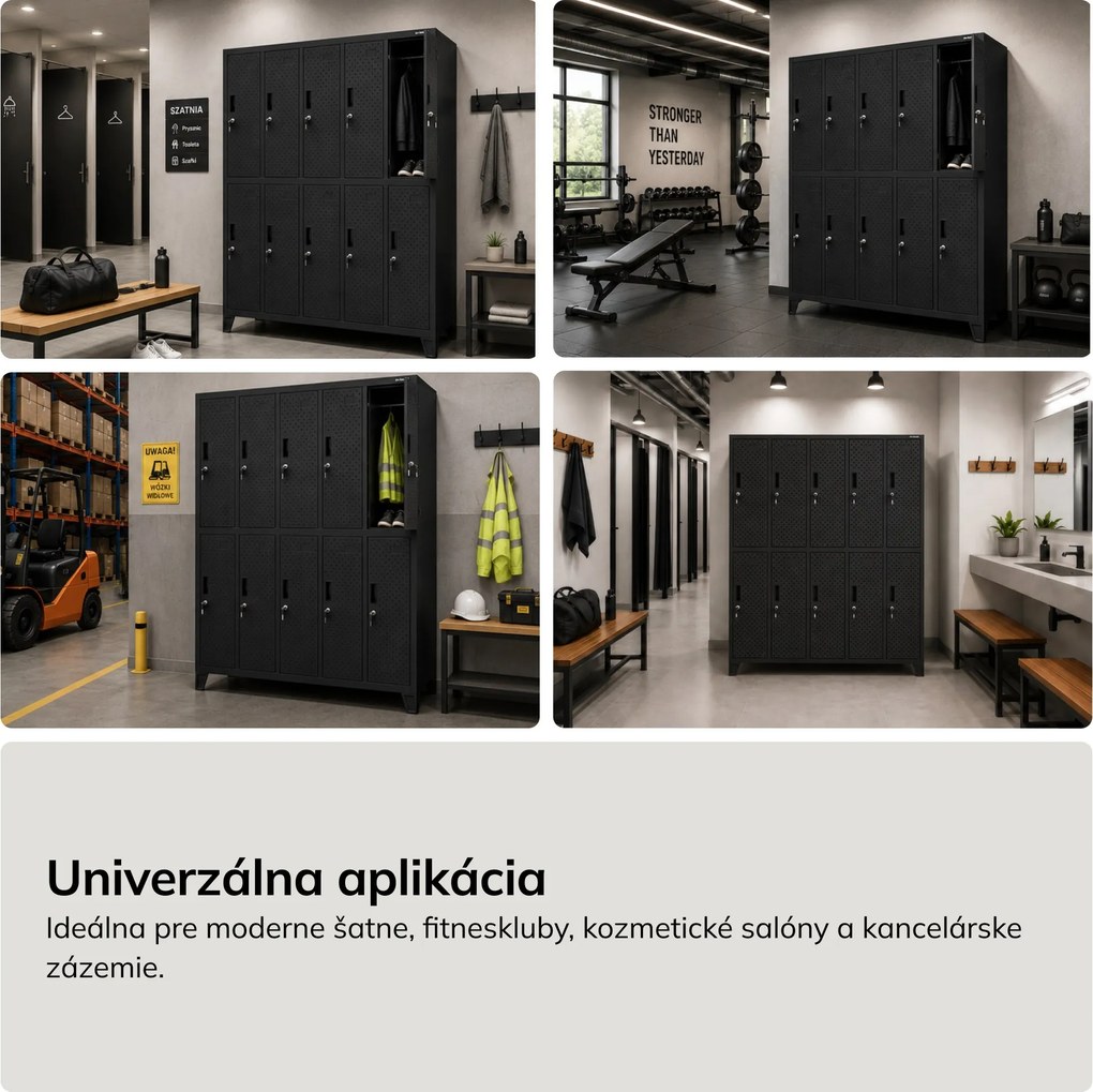 Šatní bezpečnostná skriňa, schránková, perforovaná, 10 schránok, čierna, 1360x1720x450 mm: BARTEK PRO
