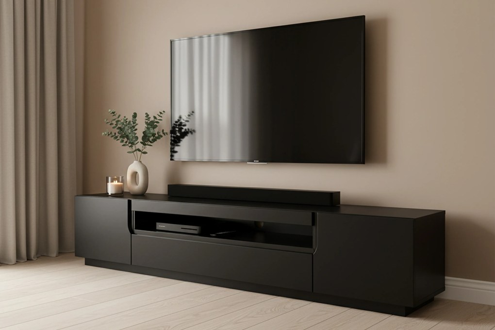 TV stolík Loftia 200 cm s otvorenou policou - čierna / čierny mat