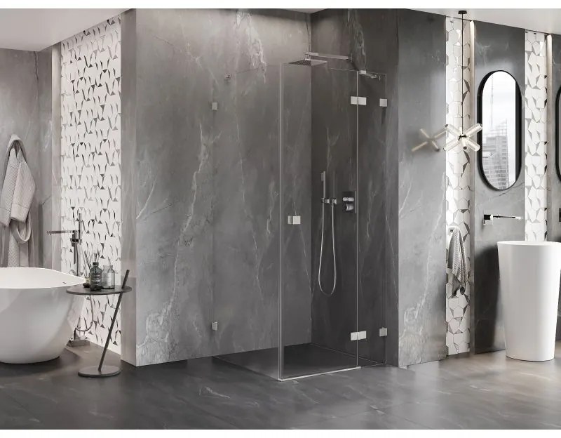 Mexen Lunar, pravostranný výklopný sprchový kút 90 x 90 cm, 8mm číre sklo, oceľový profil, 834-090-090-97-00-P