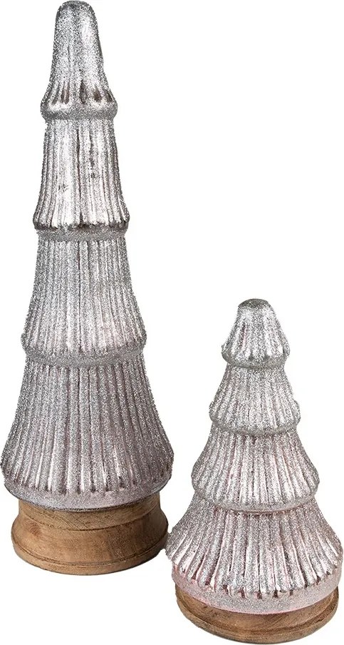 Strieborný dekoračný sklenený stromček na drevenom podstavci - Ø 13*24 cm
