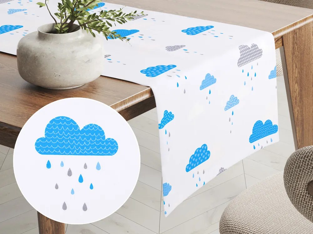 Biante Detský bavlnený behúň na stôl Sandra SA-325 Modro-sivé dažďové obláčiky 35x120 cm