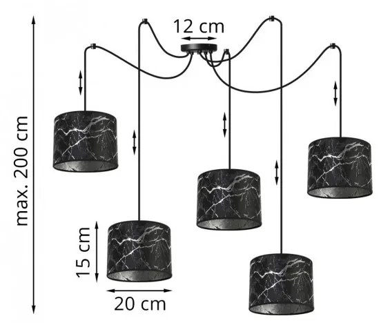 Závesné svietidlo Werona Spider, 5x čierne textilné tienidlo so vzorom, s