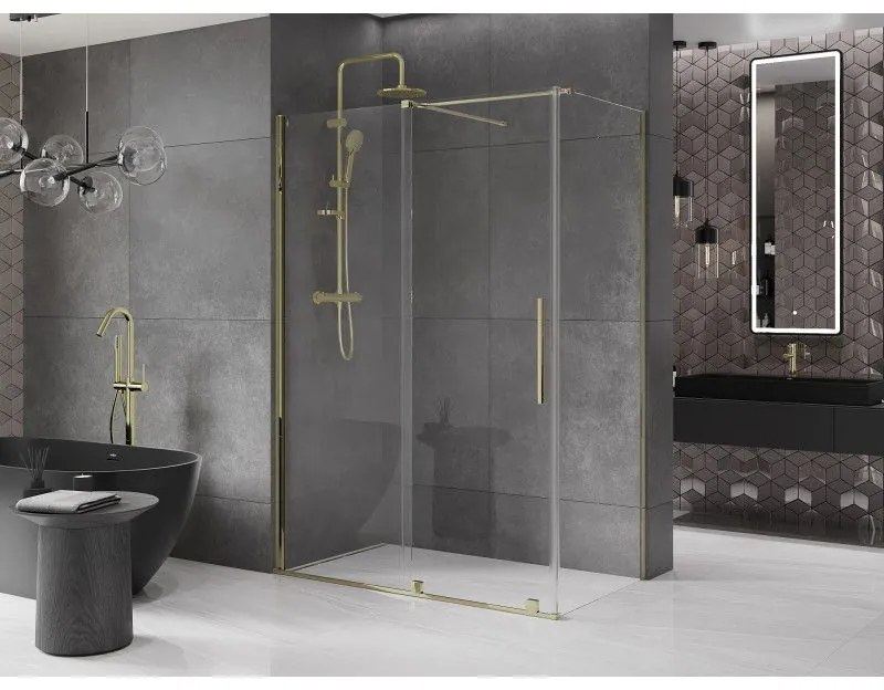 Mexen Velar, sprchový kút s posuvnými dverami 160(dvere) x 85(stena) cm, 8mm číre sklo, zlatá lesklá, 871-160-085-01-50