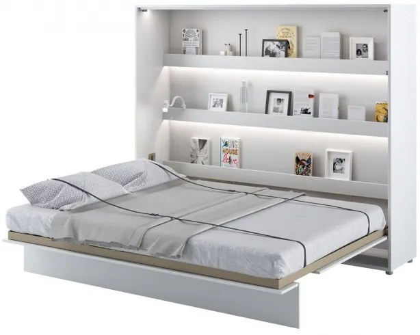 Horizontálna sklápacia posteľ s LED osvetlením políc 160x200 CELENA - biela / lesklá biela