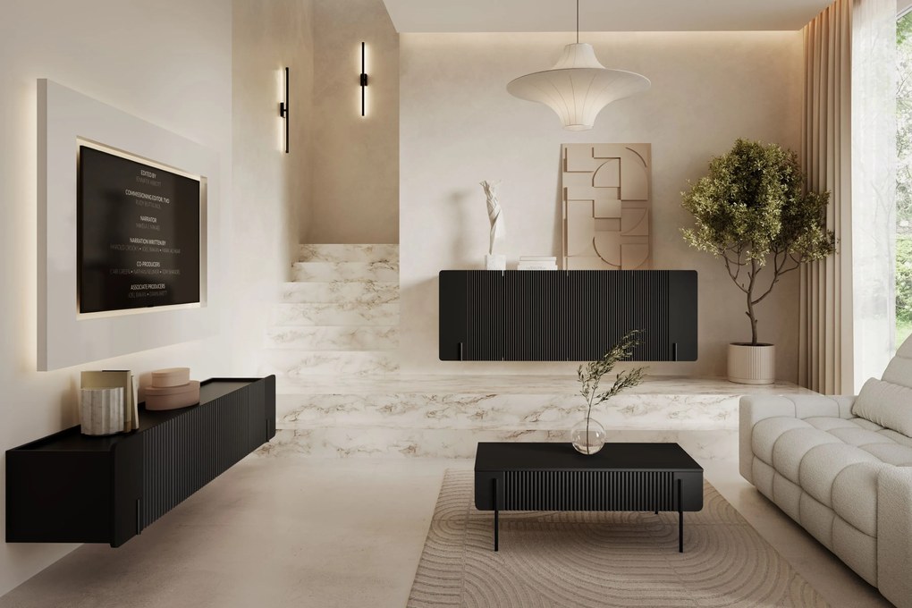 Závesná TV skrinka Malmi 200 cm - čierny mat / čierna