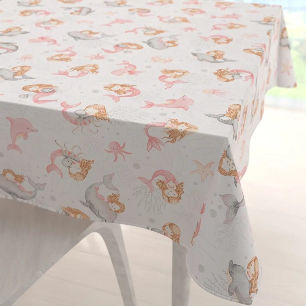 Biante Detský bavlnený štvorcový obrus Sandra SA-527 Ružové morské panny s delfínmi a veľrybami na bielom 90x90 cm