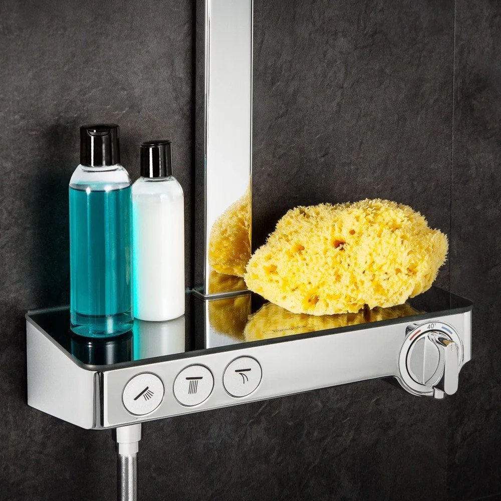 HANSGROHE Raindance Select E Showerpipe nástenný sprchový systém s termostatom ShowerTablet Select 300, horná sprcha 3jet 318 x 190 mm, ručná sprcha 3jet, chróm, 27127000