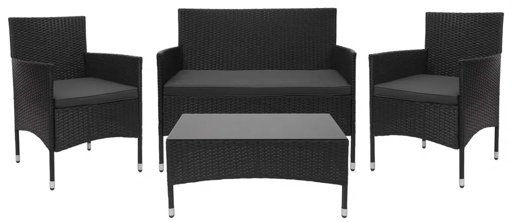 Záhradná súprava 2 kresiel, pohovky a stolíka HWC-F55 - čierna, vankúše tmavosivá