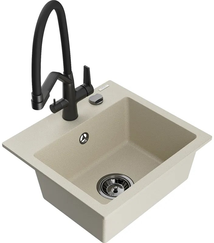 Mexen Milo, granitový drez 435x410x171 mm, 1-komorový a drezová batéria Duo, béžová, 6505-69-671701-70-B