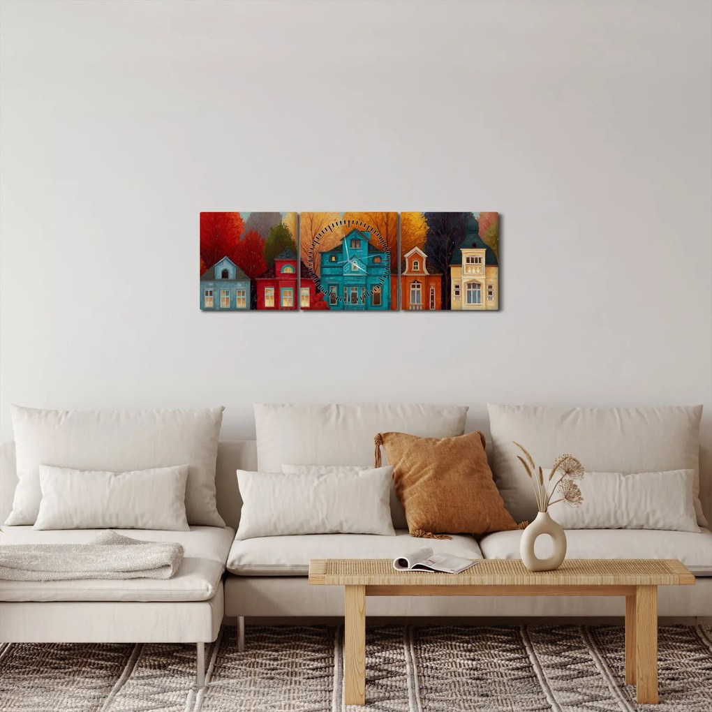 Obraz - Maľované jesenné mesto (s hodinami) (90x30 cm)