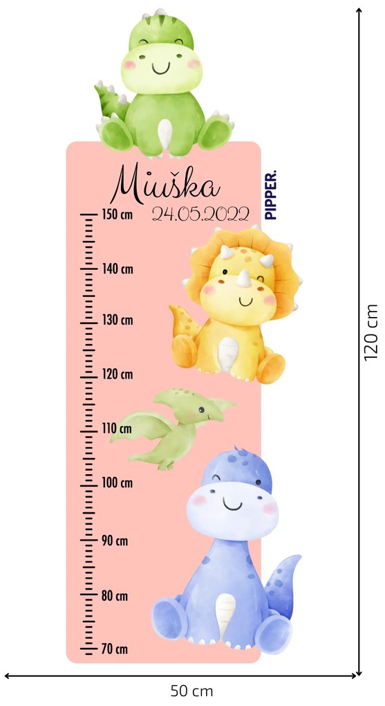 PIPPER. Textilná nálepka na stenu "Detský meter s menom - Dinosaury"