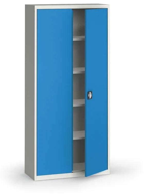 Plechová policová skriňa na náradie KOVONA, 1950 x 950 x 400 mm, 4 police, sivá/modrá