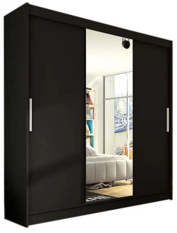 Posuvná šatníková skriňa ASTON so zrkadlom, 250x215x58, čierna mat