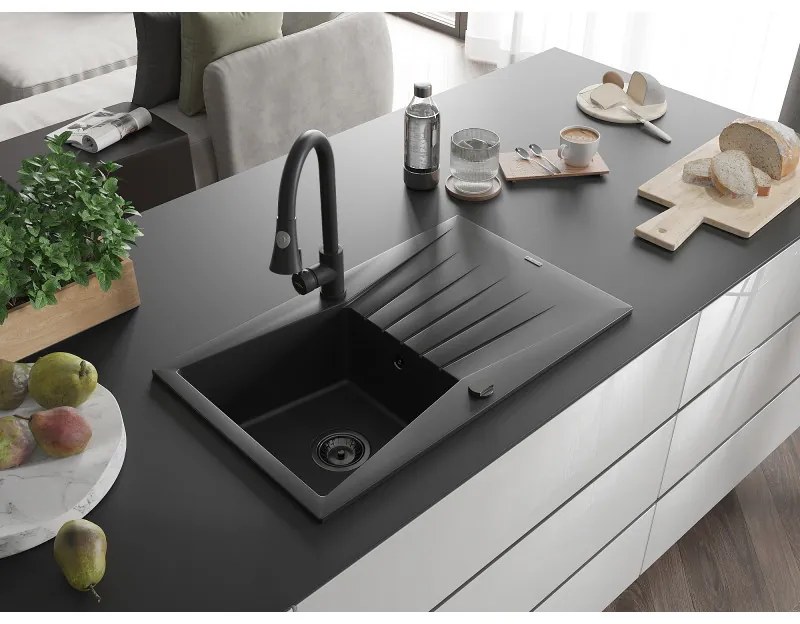Mexen Cesar, 1-komorový granitový drez 775x470x190 mm a drezová batéria Elia, čierna, 6514-77-670101-70-B