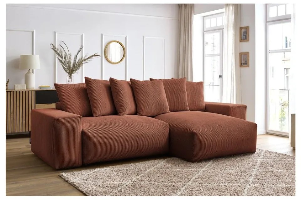 Terakotová menčestrová rozkladacia/s úložným priestorom rohová pohovka Voltaire – Bobochic Paris