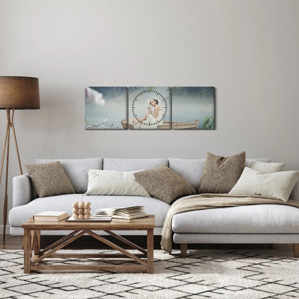Obraz - Žena na loďke (s hodinami) (90x30 cm)