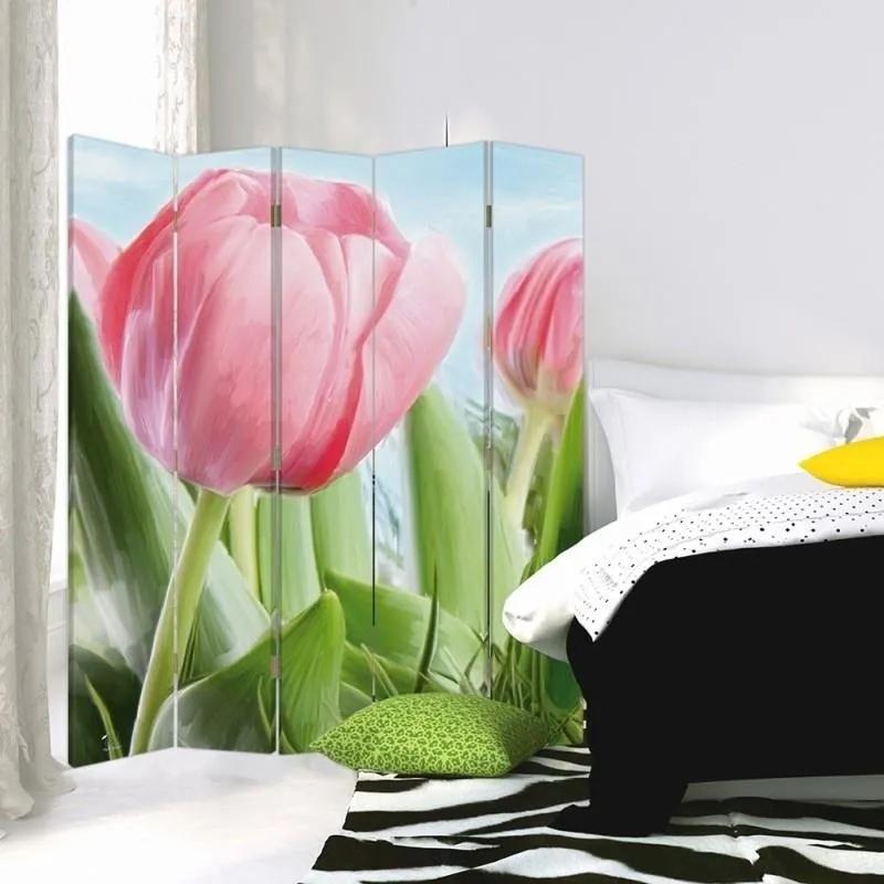 Ozdobný paraván Květiny Tulipány Příroda - 180x170 cm, päťdielny, klasický paraván