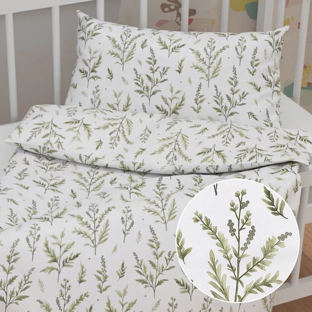 Biante Detské bavlnené posteľné obliečky do postieľky Sandra SA-718 Zelené vňate byliniek na bielom Do postieľky 100x135 a 40x60 cm