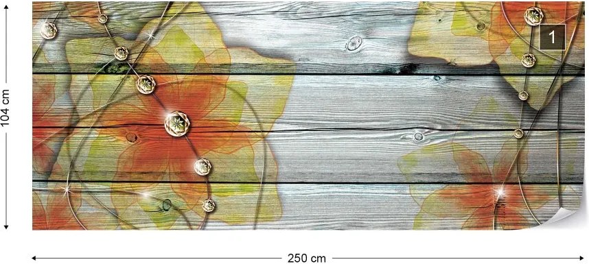 Fototapeta GLIX - Orange Flowers Wood Plank Diamonds + lepidlo ZADARMO Vliesová tapeta  - 250x104 cm