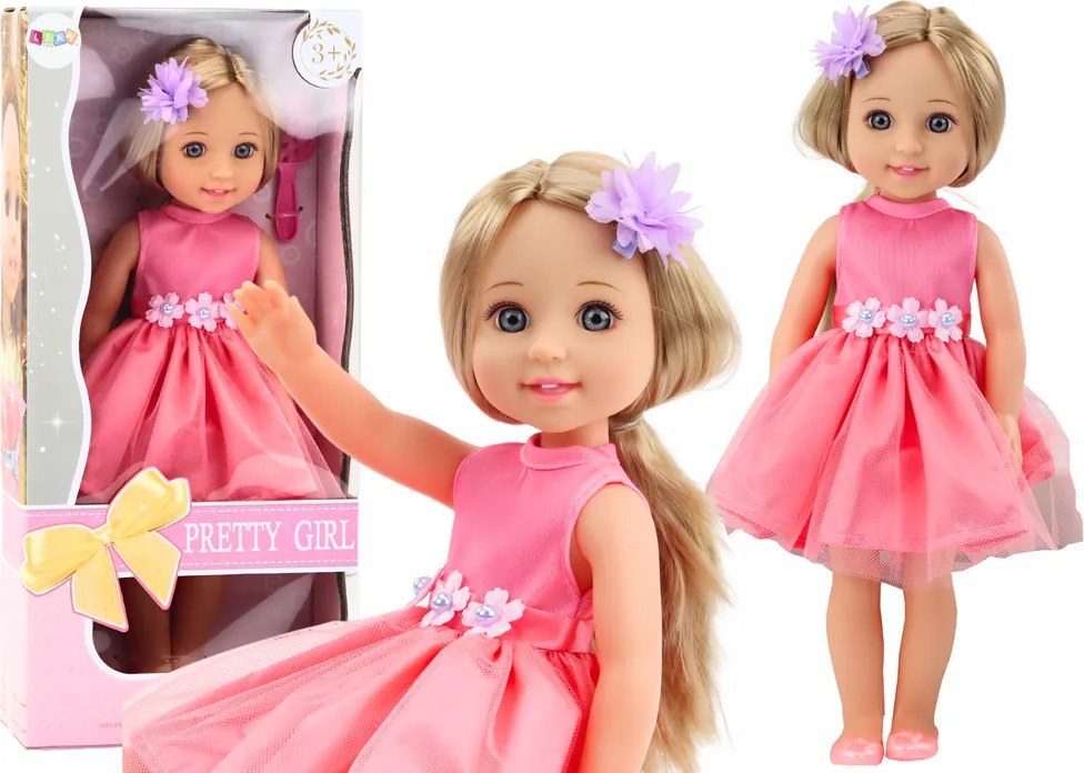 LEAN Toys Bábika Dlhé vlasy Ružové šaty Clip Brush 38cm