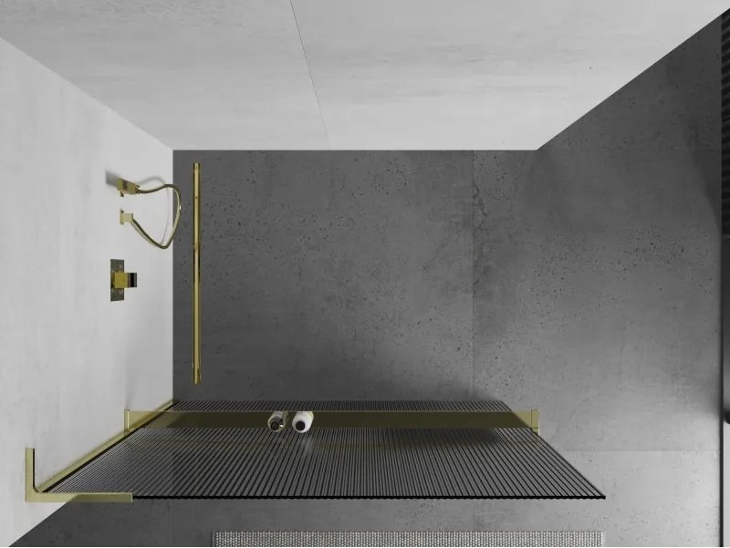Mexen Kioto+ L, sprchová zástena Walk-In s poličkou a vešiakom 80 x 200 cm, 8mm sklo s rebrovým vzorom, zlatý lesklý profil,800-080-123-50-09