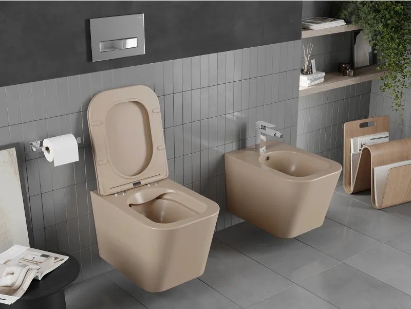 Mexen Teo Rimless, závesná wc misa 51x34,5x34 cm so sedátkom s pomalým dopadom z duroplastu, cappuccino matná, 30854064