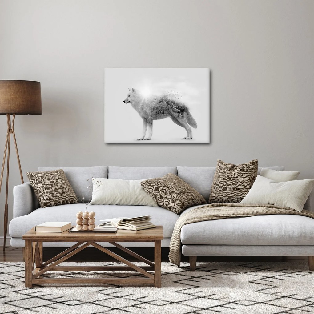 Obraz - Arktický vlk zrkadliaci divokú krajinu, čiernobiely (70x50 cm)