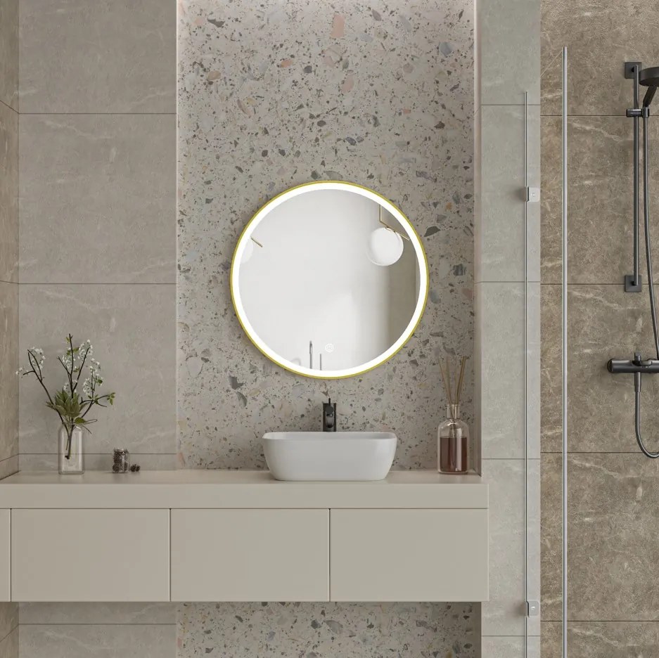 Erga Olivia, okrúhle LED zrkadlo 70cm, zlatý kovový rám, 1610 lm, 6500K, predné osvetlenie, ERG-V01-202-7070-GD