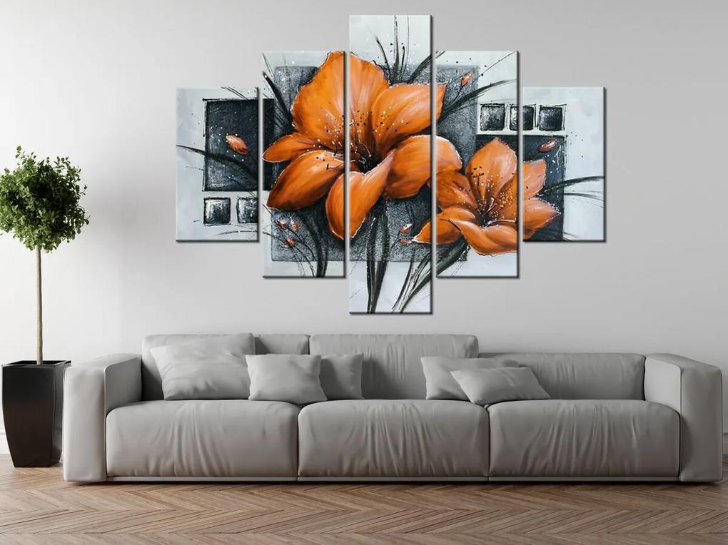 Gario Ručne maľovaný obraz Nádherné oranžové Vlčie maky - 5 dielny Rozmery: 150 x 70 cm