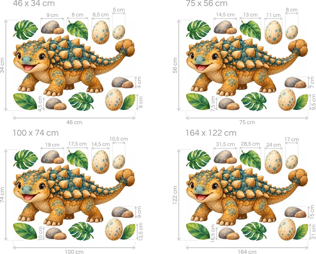 Veselý ankylosaurus s vajíčkami detské akvarelové nálepky pre milovníkov dinosaurov na stenu hárok 46 x 34 cm