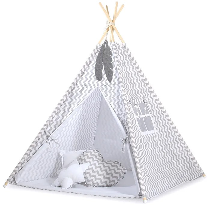 Bobono Stan Teepee pre deti + hracia podložka + vankúše + dekoratívne perie - Chevron šedá