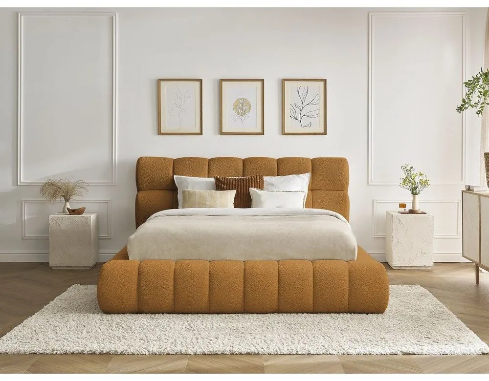 Čalúnená dvojlôžková posteľ s úložným priestorom s roštom 160x200 cm v horčicovej farbe Mont Blanc – Bobochic Paris