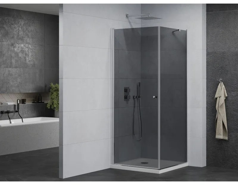 Mexen Pretoria, sprchovací kút 90 (dvere) x 90 (stena) cm, 6mm šedé sklo, chrómový profil + biela sprchová vanička, 852-090-090-01-40-4010