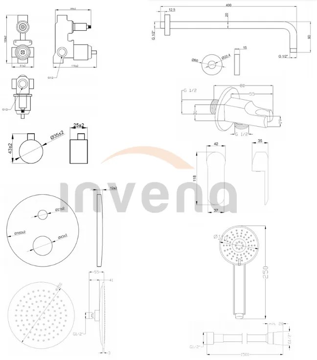 Invena Siros, podomietková sprchová sada s 2-výstupovým telesom, čierna matná, INV-BS-90-013-A