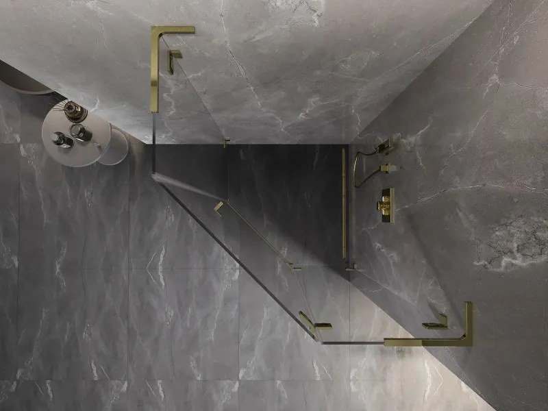 Mexen Lunar, L pravý výklopný päťuholníkový sprchový kút 100 x 100 cm, 8mm číre sklo, zlatý profil, 831L-100P-100L-50-00-P