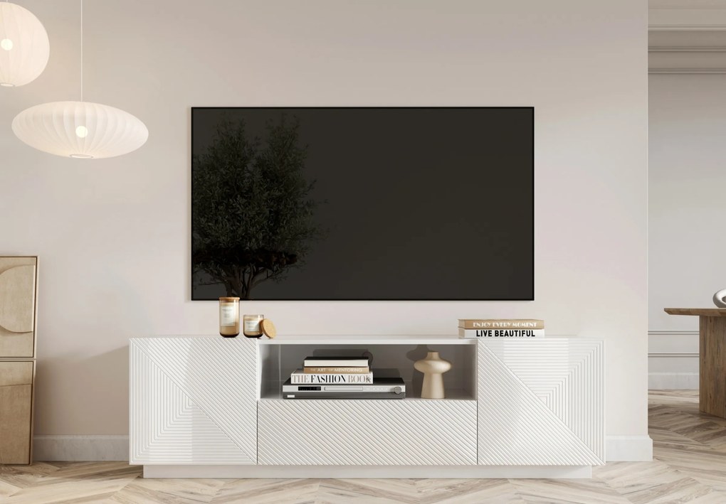 TV stolík Asha 167 cm s otvorenou policou - biely lesk
