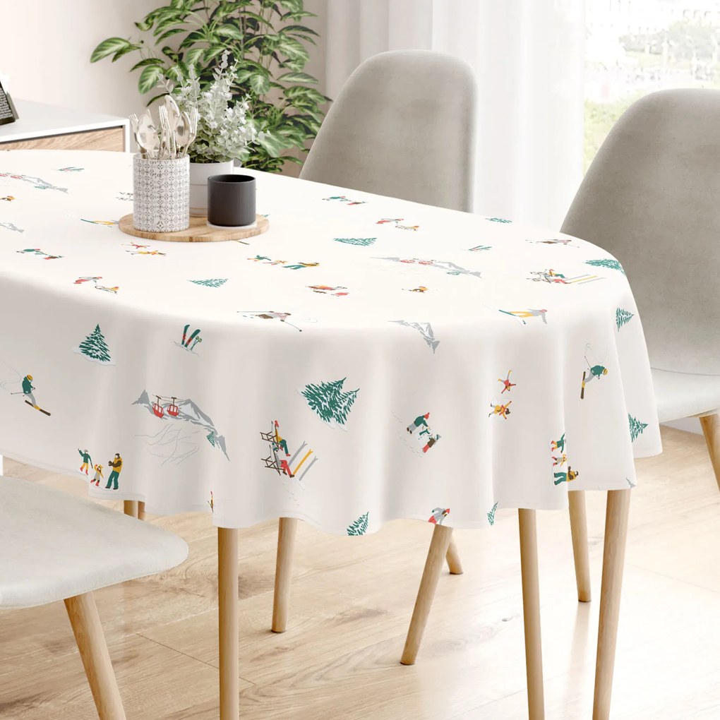 Goldea vianočný oválny obrus 100% bavlnené plátno - zimné radovánky 140 x 220 cm