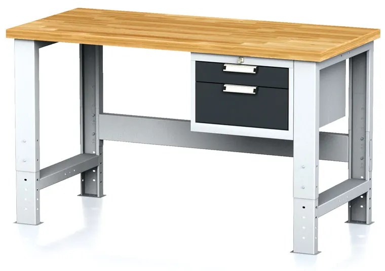 Nastaviteľný dielenský stôl MECHANIC I, závesný box na náradie, 2 zásuvky, 1500x685x700-1055 mm, antracitové dvere