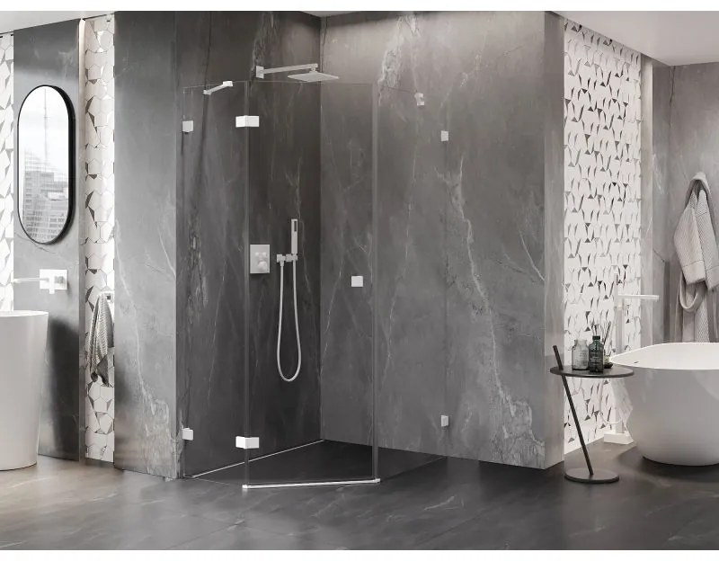 Mexen Lunar, Päťuholníkový sprchový kút Mexen Lunar s výklopným ľavým oknom 90 x 100 cm, 8mm číre sklo, biely profil, 831-090L-100P-01-20-L
