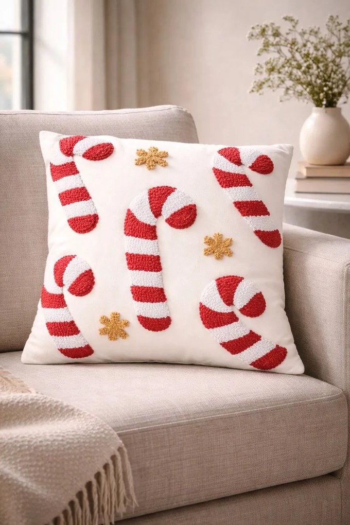 Biely dekoračný vianočný vankúš cukrovej palice Candy Cane – 45*45*4 cm